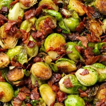 closeup of brussels sprouts and bacon in a skillet