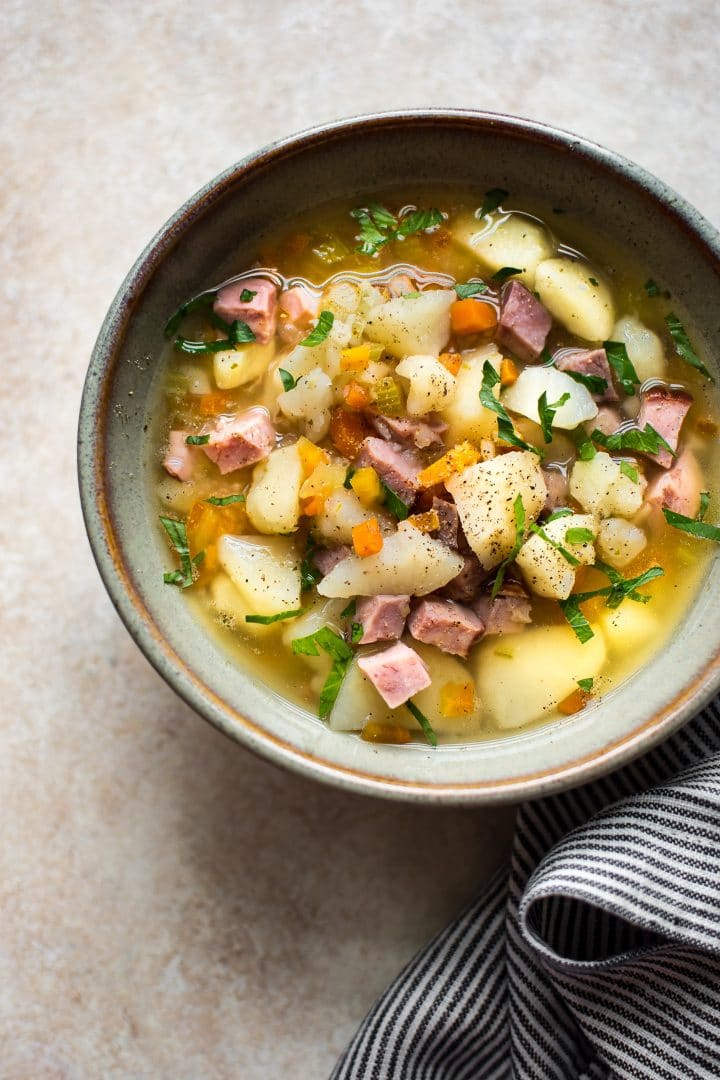 dairy-free crockpot ham and potato soup in a bowl