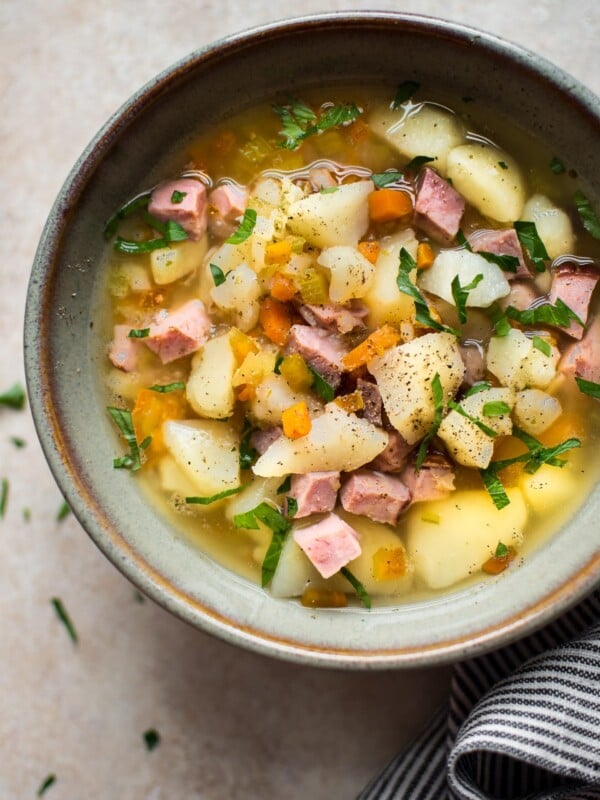 This easy Crockpot ham and potato soup is a delicious healthy and dairy free soup that's made with simple ingredients in the slow cooker.