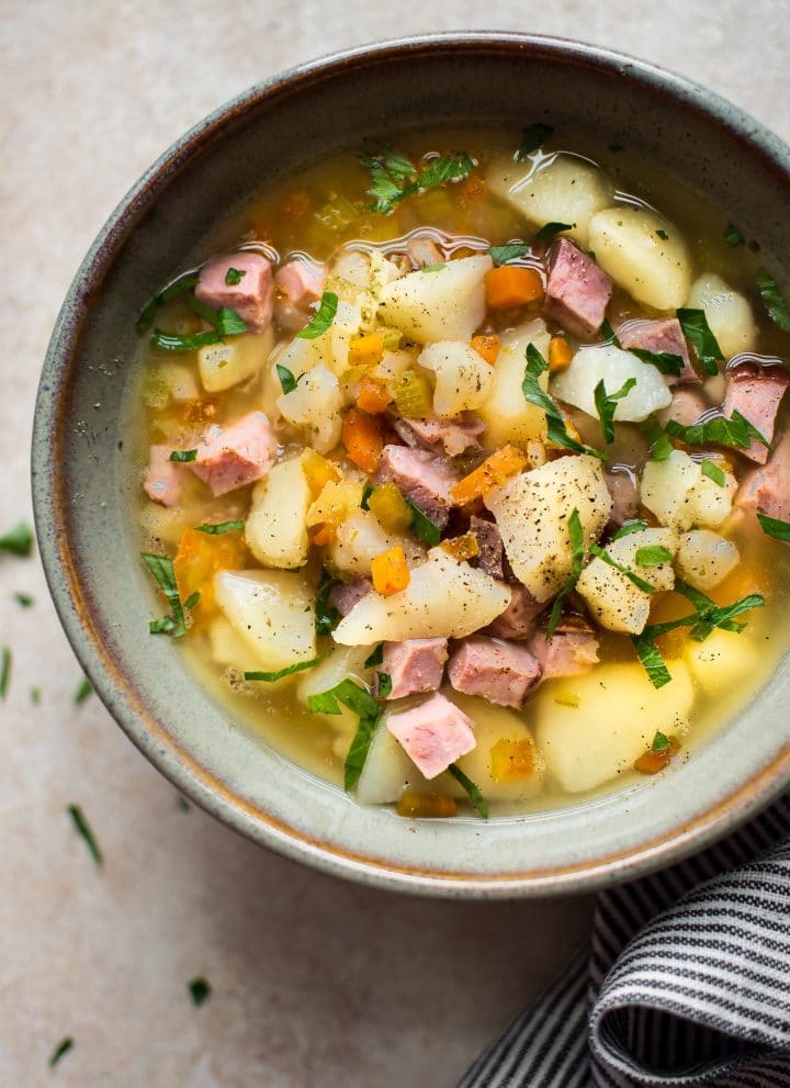 This easy Crockpot ham and potato soup is a delicious healthy and dairy free soup that's made with simple ingredients in the slow cooker.