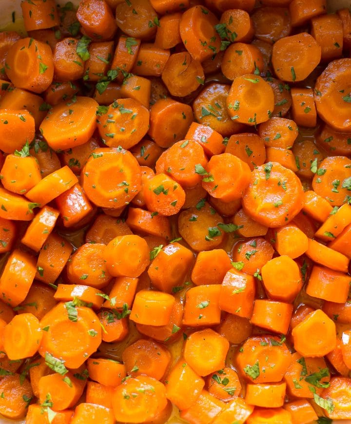 close-up of many pieces of honey roasted carrots