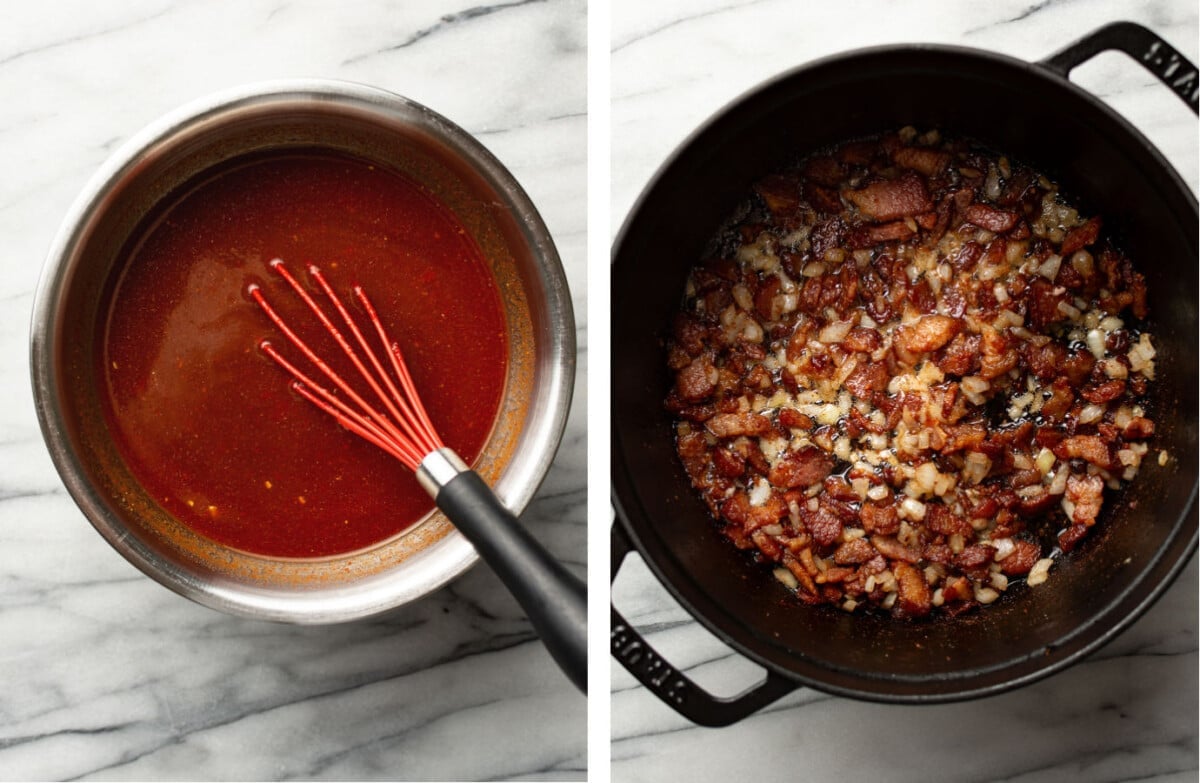 whisking sauce in a prep bowl and frying bacon in a dutch oven