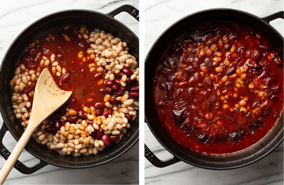 boston baked beans in a dutch oven before and after cooking