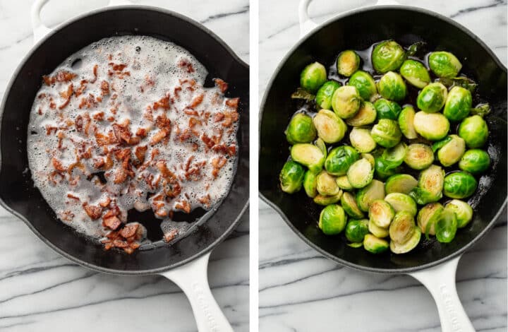 frying bacon and brussels sprouts in a skillet