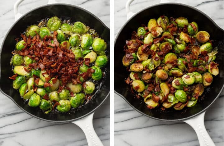 returning bacon to a skillet with brussels sprouts