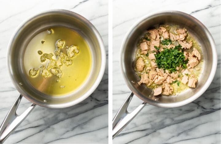 making garlic sauce in a small pan for tuna spaghetti