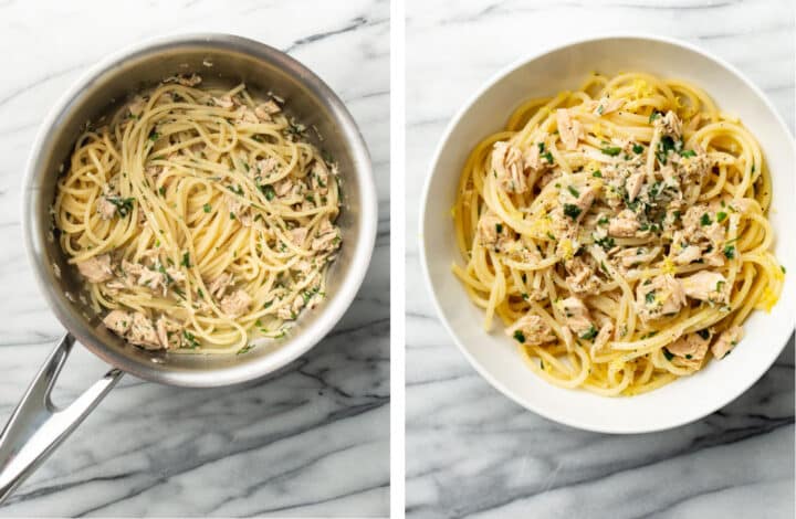 tossing pasta with tuna sauce in a saucepan next to photo of a bowl of spaghetti