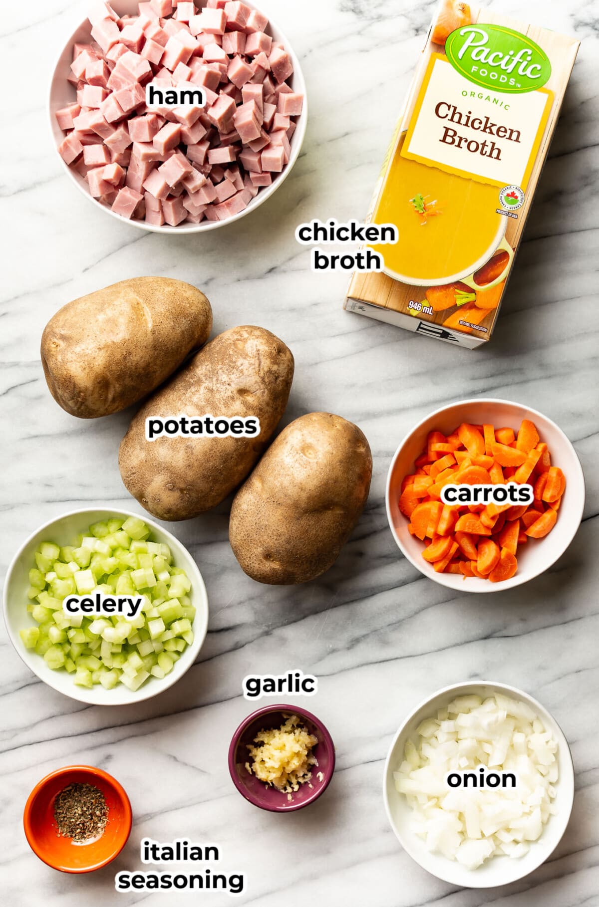 ingredients for crockpot ham and potato soup in prep bowls