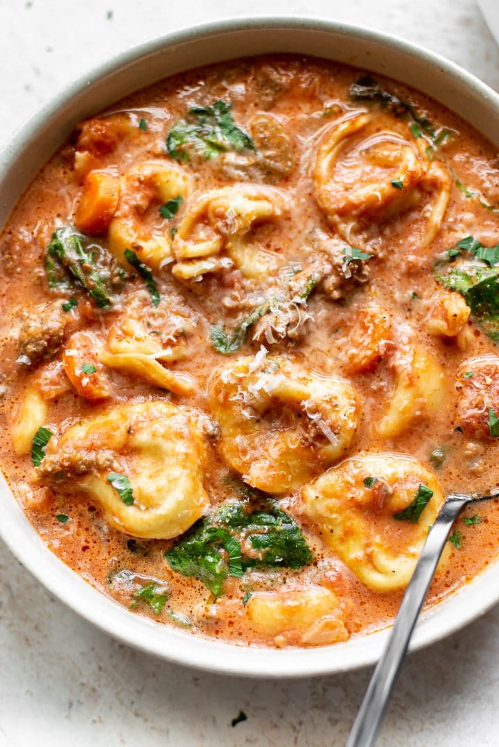 close-up of Crockpot creamy tortellini soup