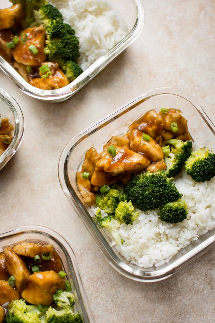 close-up of easy teriyaki chicken meal prep bowls in glass containers