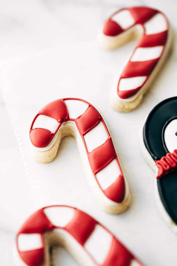 close-up of easy cutout sugar cookies in candy cane shape