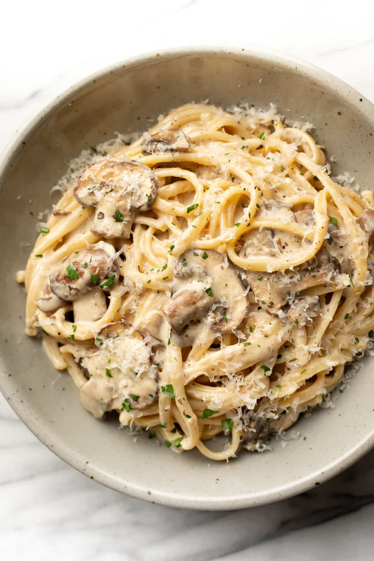 a bowl of creamy mushroom pasta