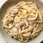 a bowl of creamy mushroom pasta