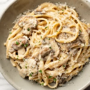 a bowl of creamy mushroom pasta