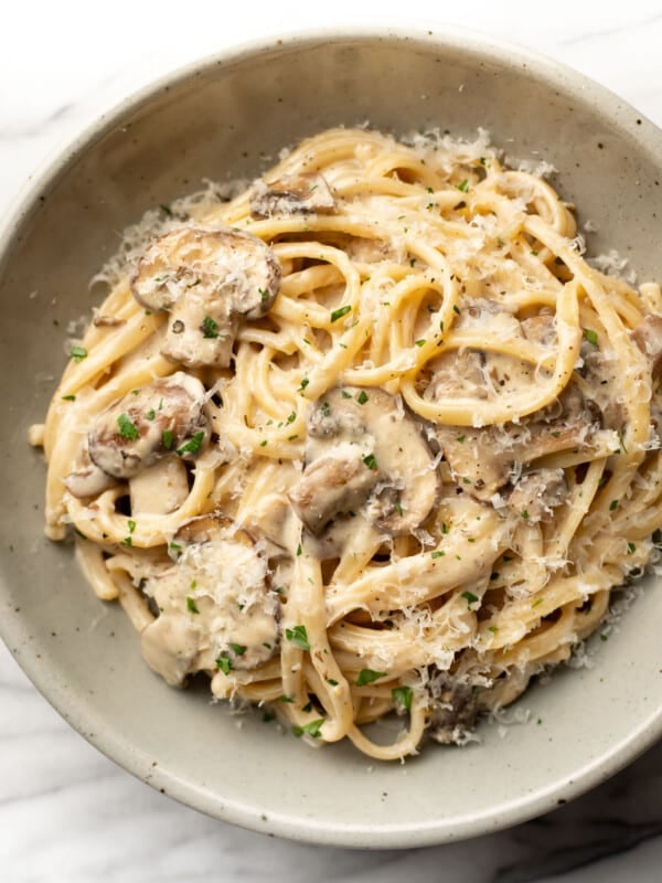 a bowl of creamy mushroom pasta