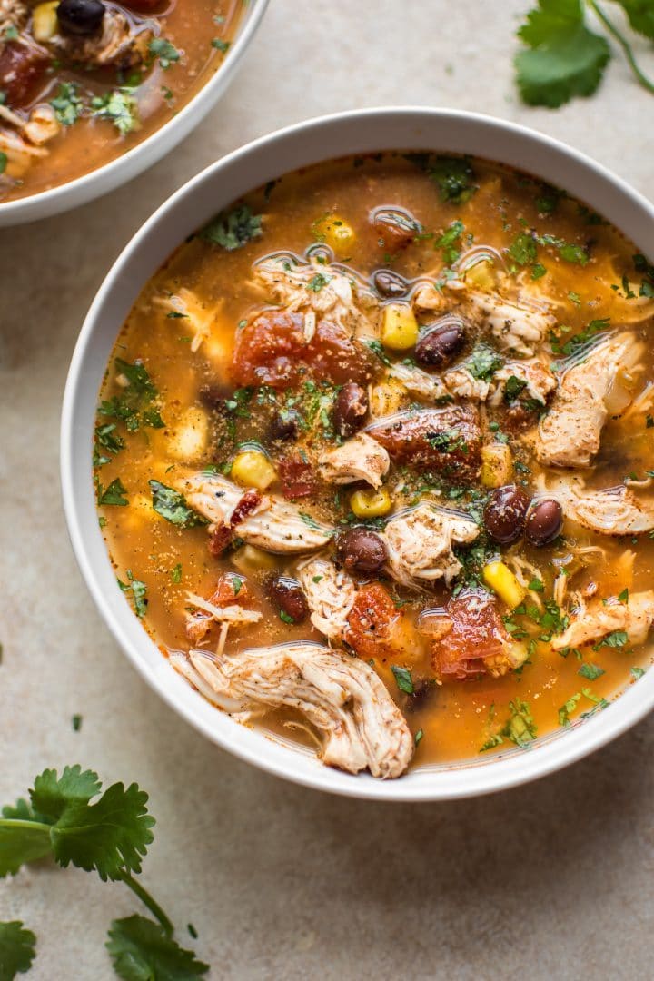 close-up of bowl of easy chipotle chicken soup