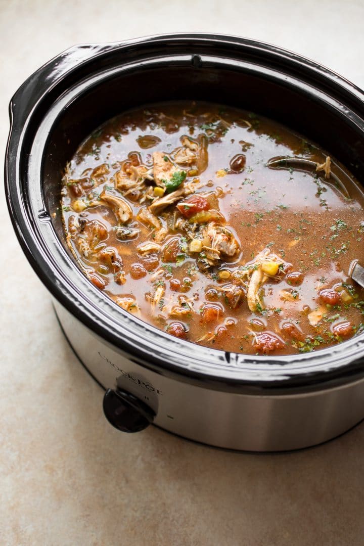 crockpot with easy slow cooker chipotle chicken soup and a ladle