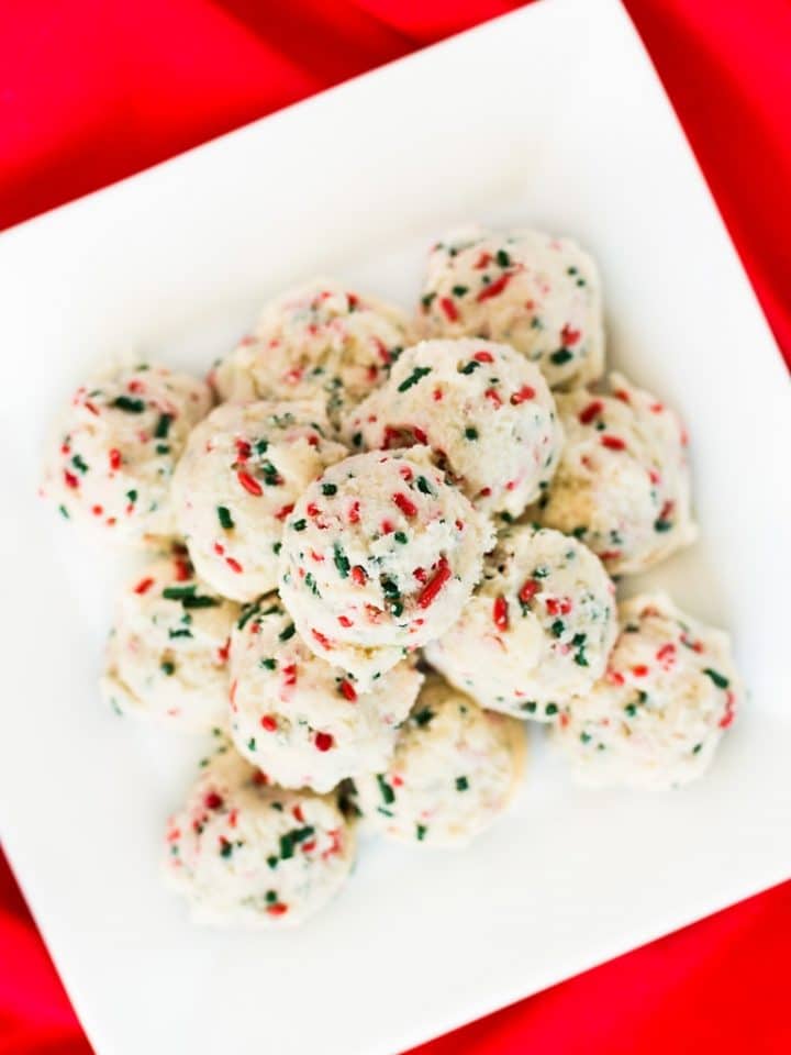 edible sugar cookie dough bites on a white square plate