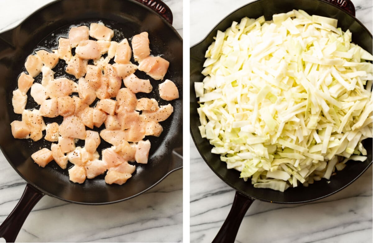 sauteing chicken in a skillet, then cooking cabbage and onions