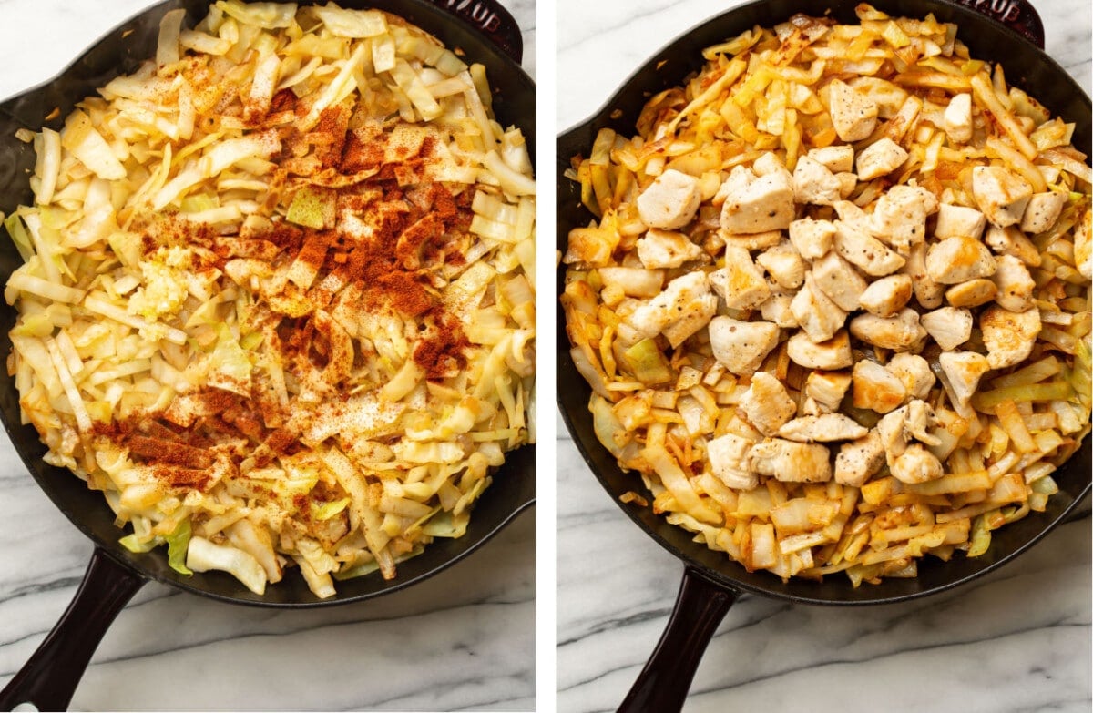 adding paprika and chicken to a skillet with sauteed cabbage