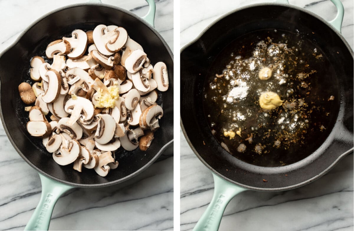 sauteing mushrooms in a skillet and then making sauce for creamy mushroom pasta