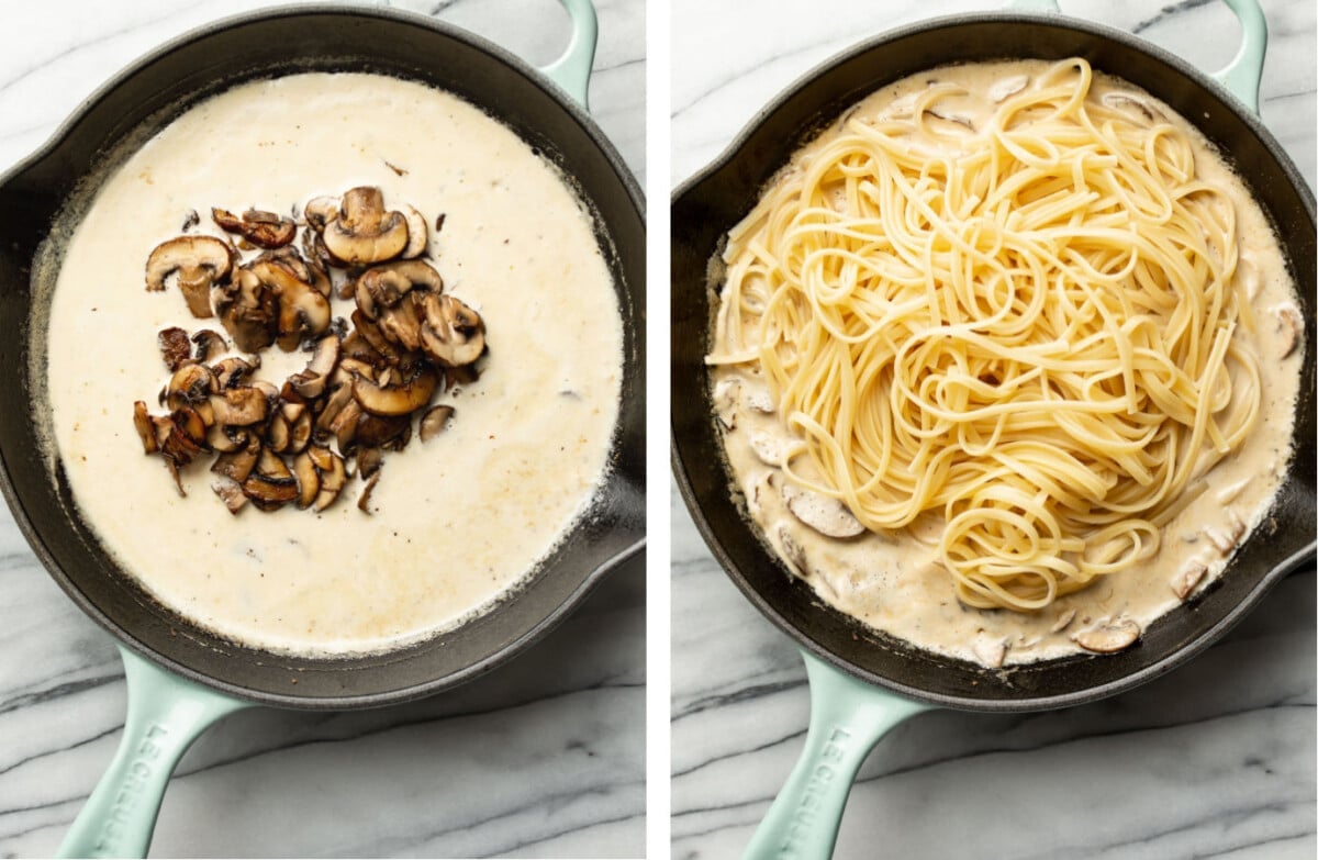 adding mushrooms to sauce in a skillet and tossing with pasta