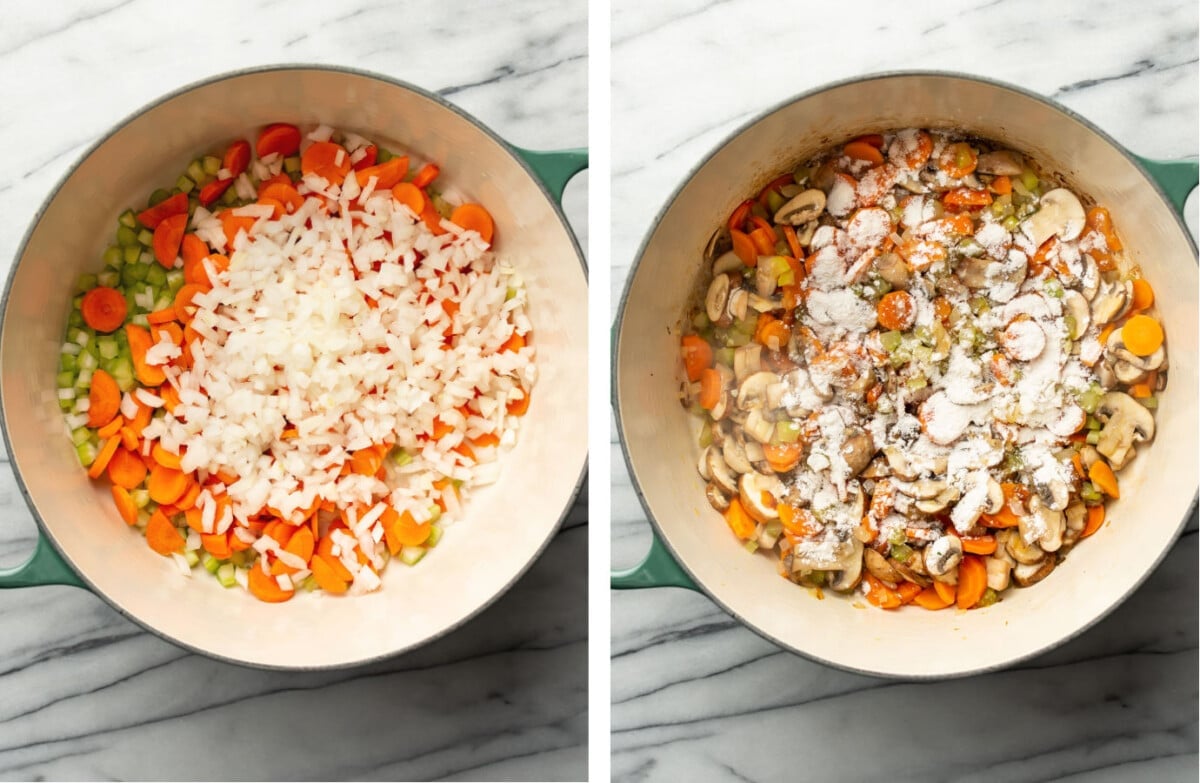 sauteing aromatics in a soup pot and adding flour