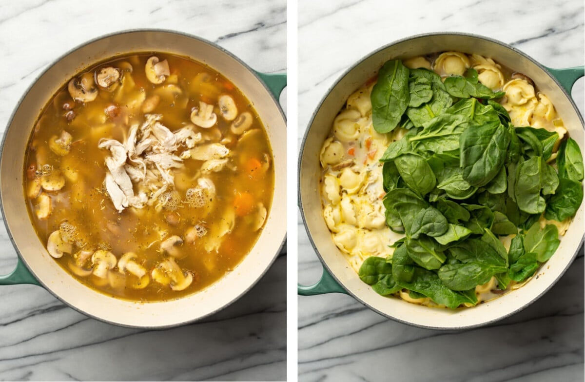 adding chicken and broth to a pot of soup and then tortellini and spinach