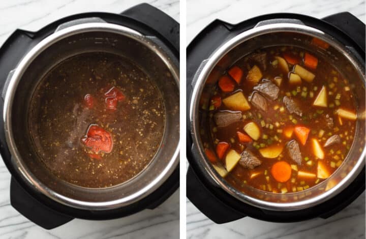 adding in broth and vegetables to an instant pot for beef stew