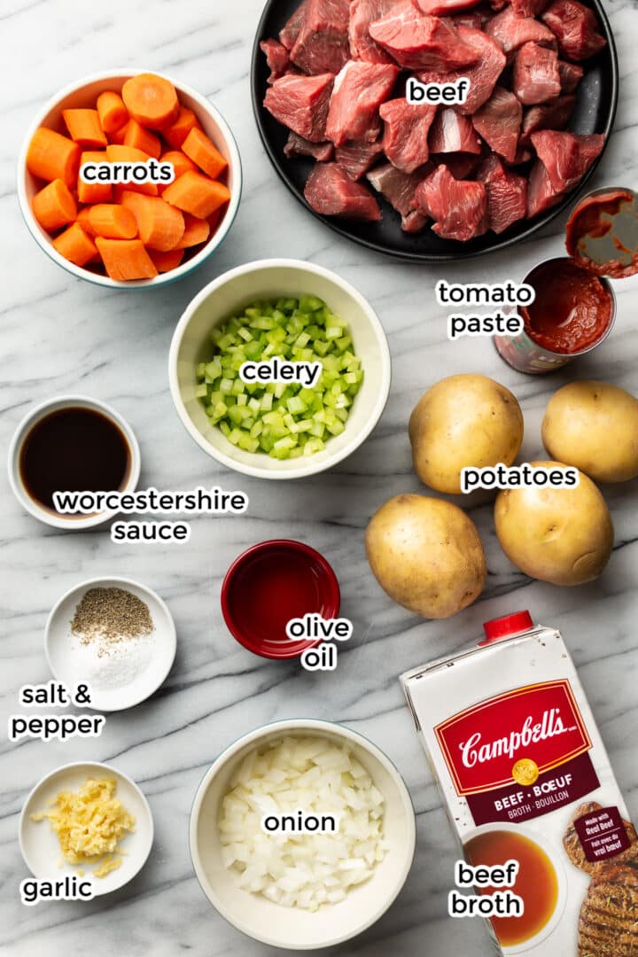 ingredients for instant pot beef stew on a counter