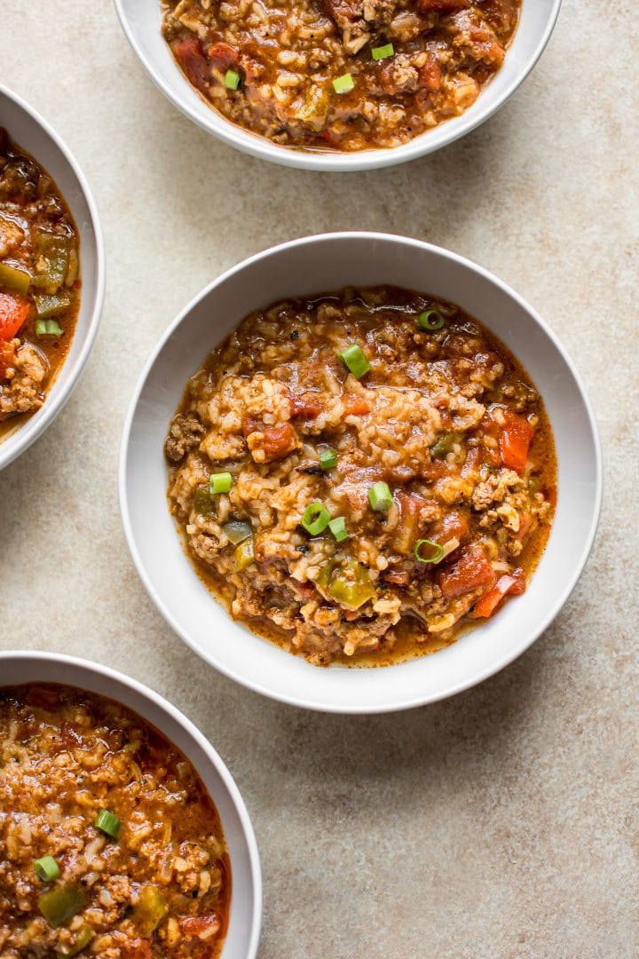 four bowls of easy Instant Pot stuffed pepper soup