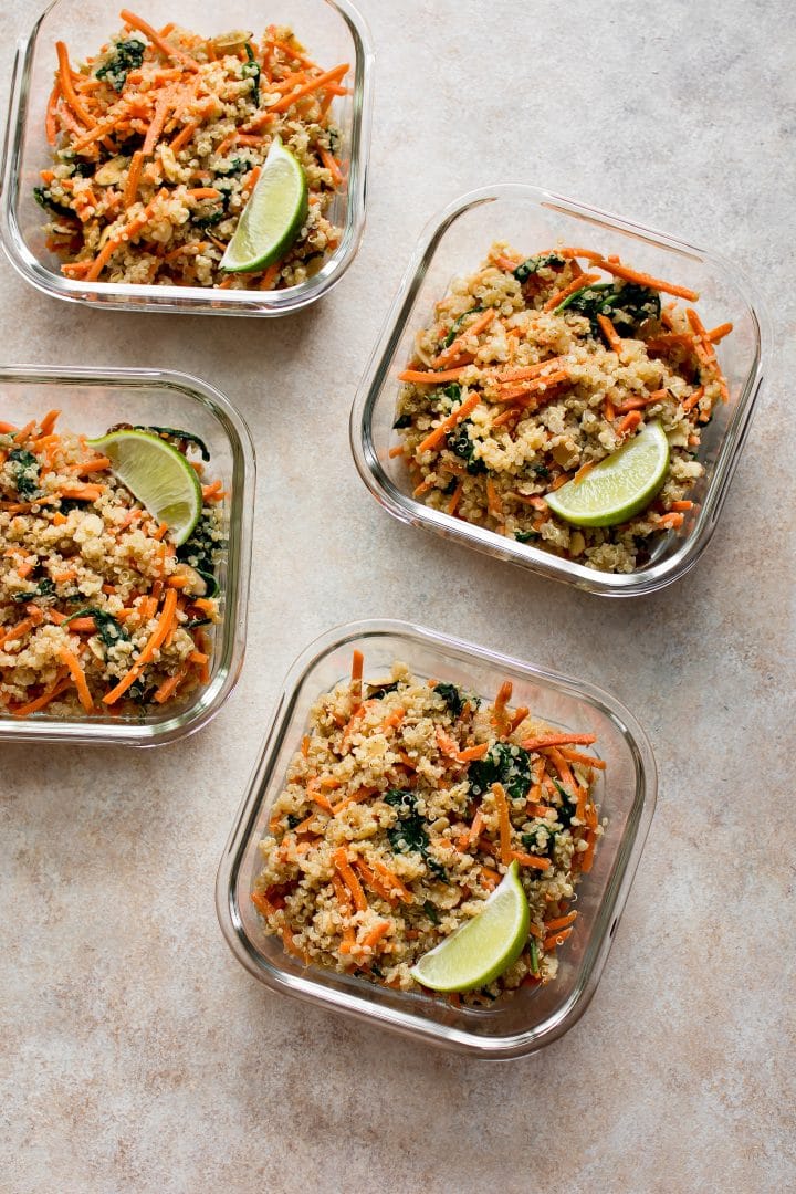 four glass containers filled with high protein plant-based vegan meal prep bowls recipe