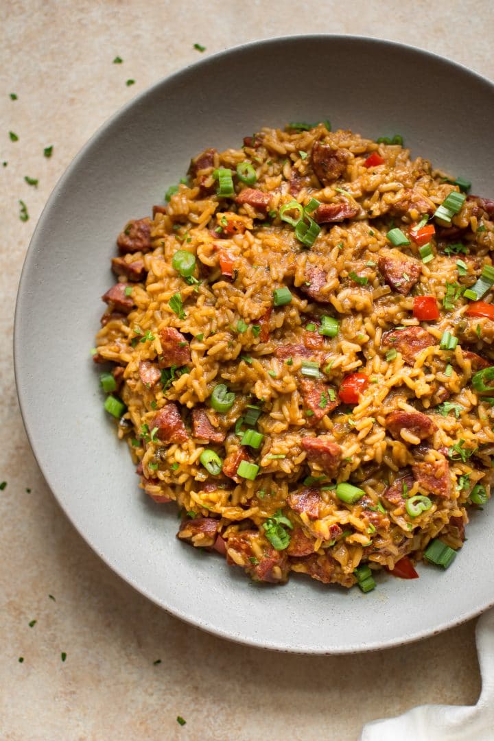 close-up of dirty rice stuffing in a bowl