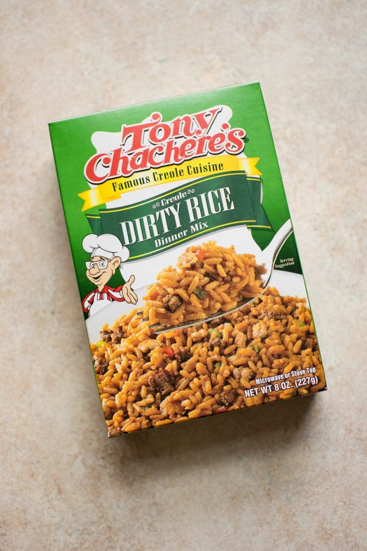 a box of Tony Chachere's dirty rice dinner mix