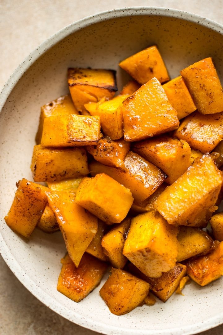 close-up of honey cinnamon butternut squash in a bowl