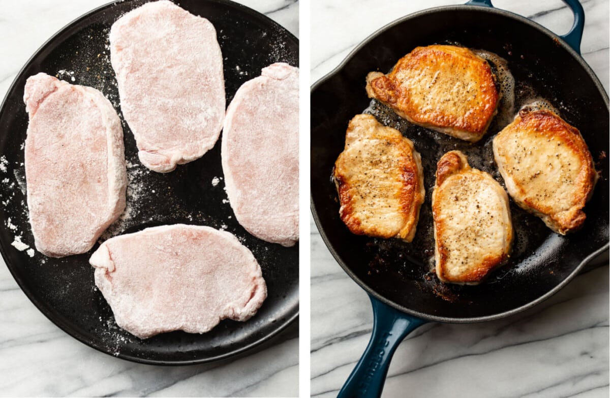 dredging pork chops in flour and searing them in a cast iron skillet