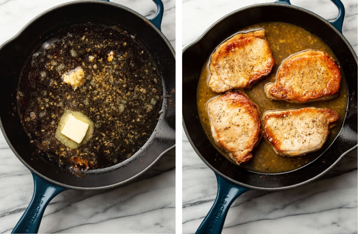 making soy honey garlic sauce in a skillet and adding in pork chops