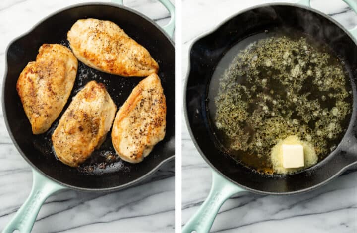 pan frying chicken in a skillet and making lemon butter sauce