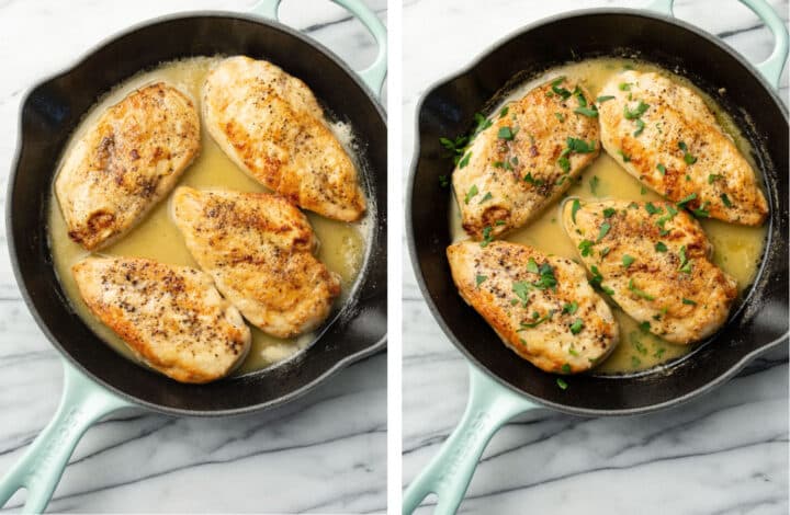 cooking lemon chicken in a skillet and adding chopped parsley