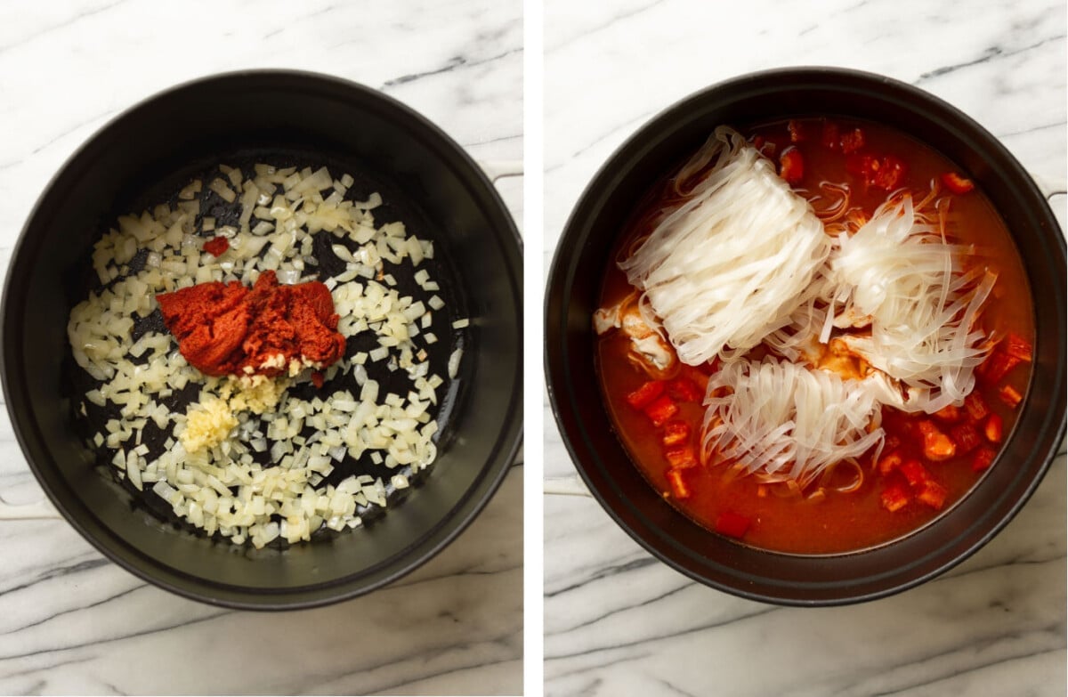 sauteing onion in a soup pot and adding seasonings and noodles for thai turkey soup