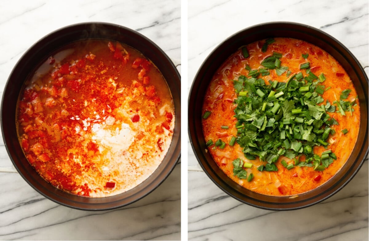 adding in coconut milk and fresh herbs to a soup pot with thai leftover turkey soup