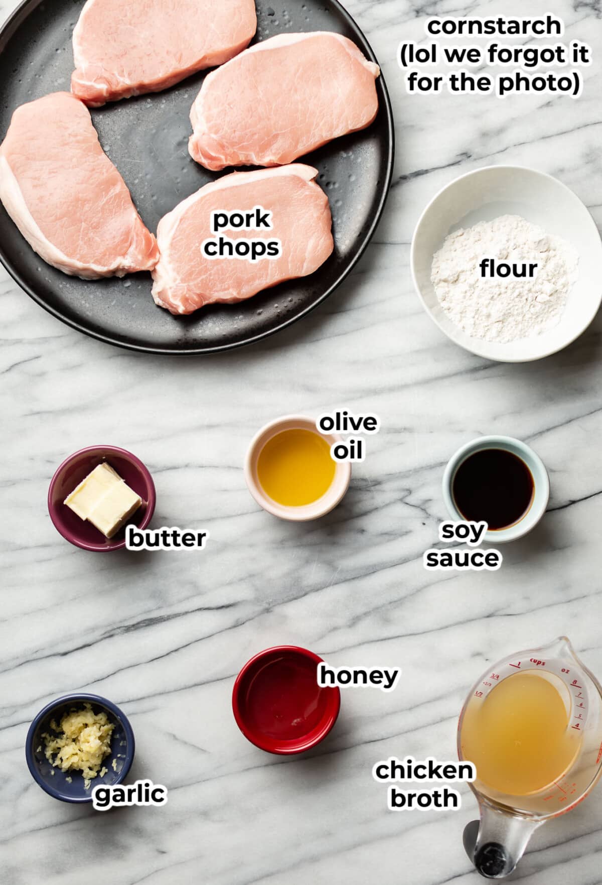 ingredients for honey soy sauce pork chops in prep bowls
