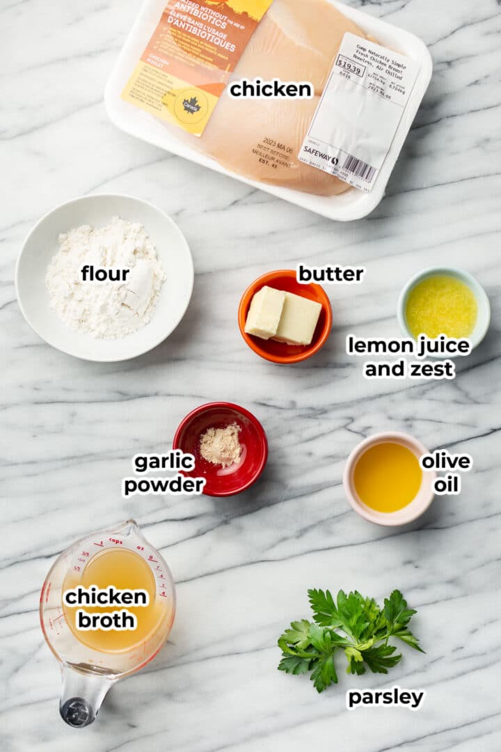 ingredients for lemon butter chicken in prep bowls