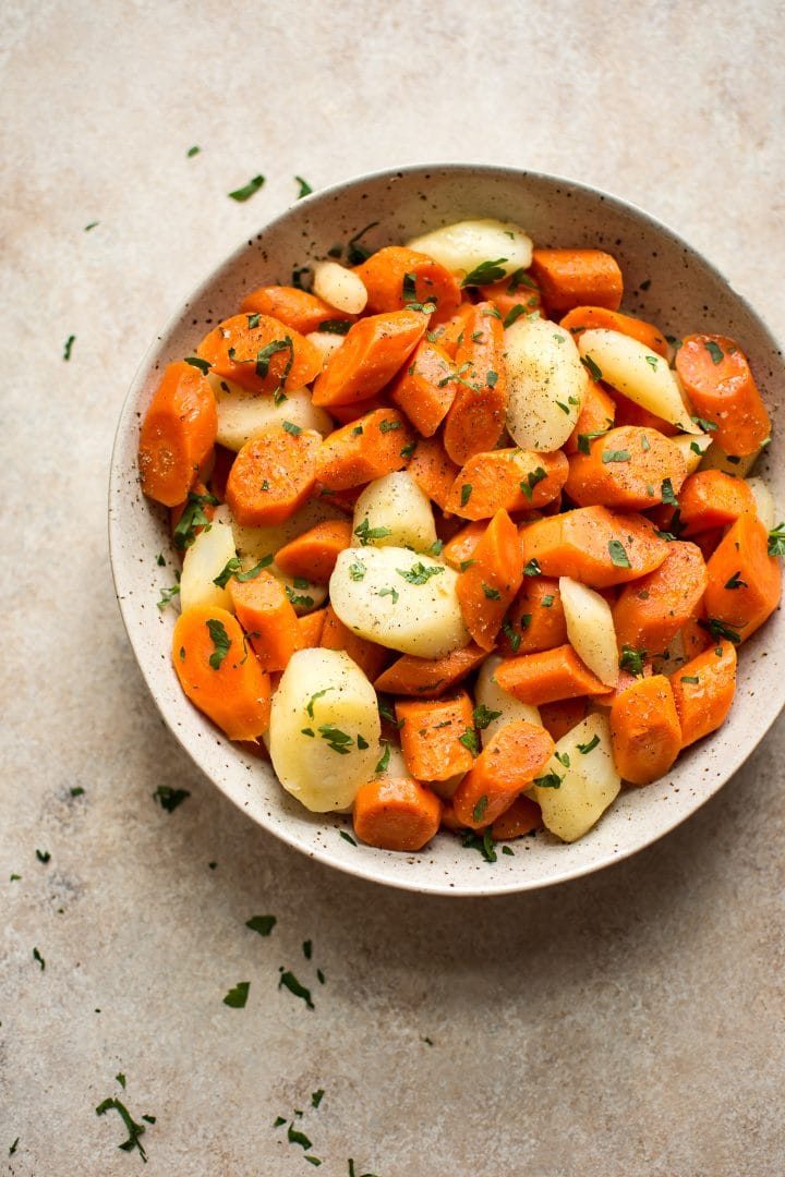 beige bowl with Instant Pot parsnips and carrots