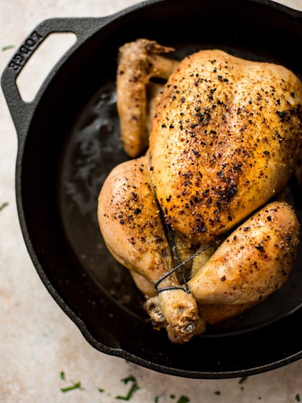 Delicious, tender, and juicy cast iron chicken - this recipe is a quick way to roast a small chicken. The chicken is perfectly seasoned and the crispy chicken skin is absolutely heavenly. 