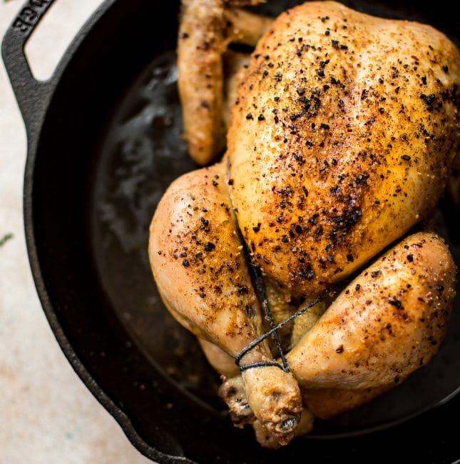 Delicious, tender, and juicy cast iron chicken - this recipe is a quick way to roast a small chicken. The chicken is perfectly seasoned and the crispy chicken skin is absolutely heavenly.