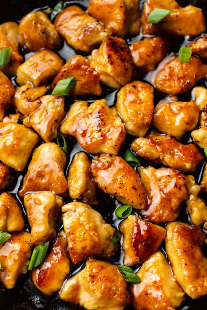 close-up of the best teriyaki chicken recipe (in a skillet)