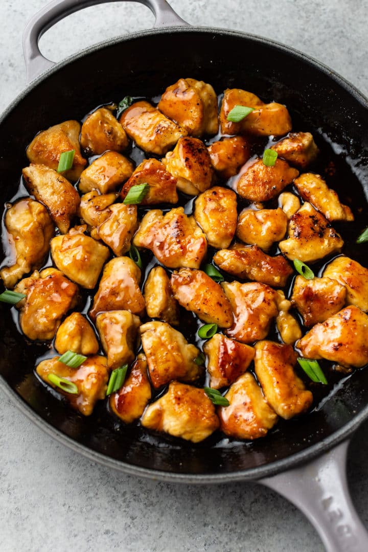 teriyaki chicken in a cast iron skillet