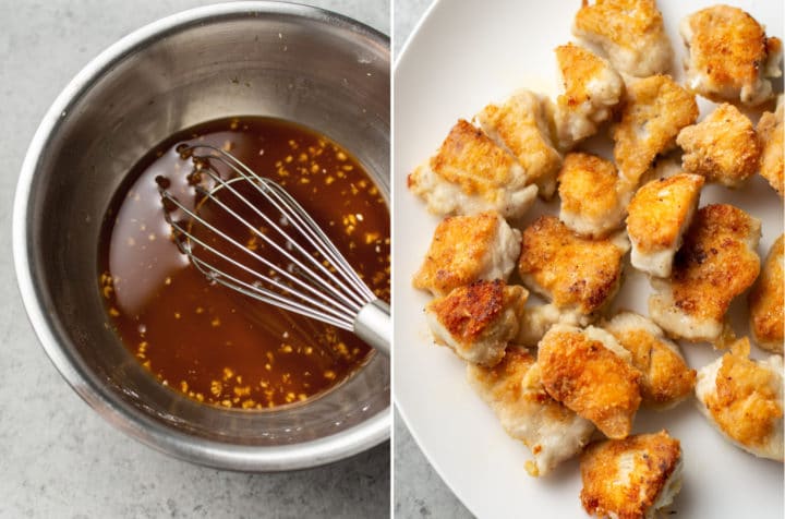 teriyaki chicken recipe collage (teriyaki sauce in a prep bowl and cooked chicken on a white plate)