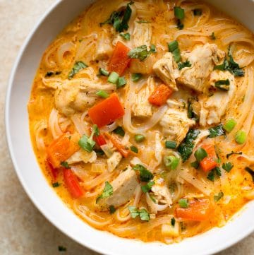 Easy leftover turkey soup with a red curry coconut milk broth and rice noodles. So healthy and delicious!